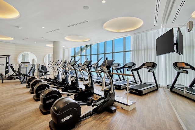 exercise room featuring hardwood / wood-style floors and expansive windows