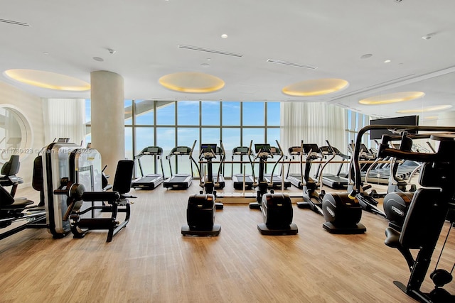 workout area featuring a wall of windows and light wood-type flooring