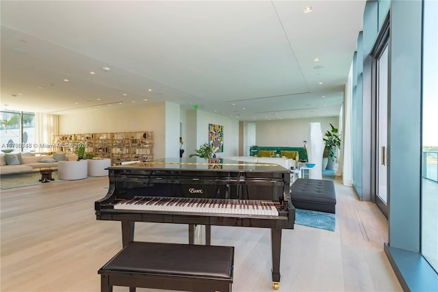 miscellaneous room with light hardwood / wood-style floors and a wall of windows