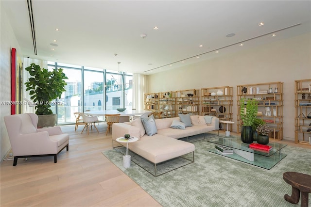 living room with a wall of windows and light wood-type flooring