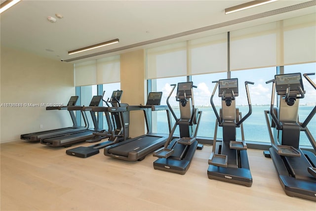 exercise room featuring floor to ceiling windows, a water view, and light wood-type flooring