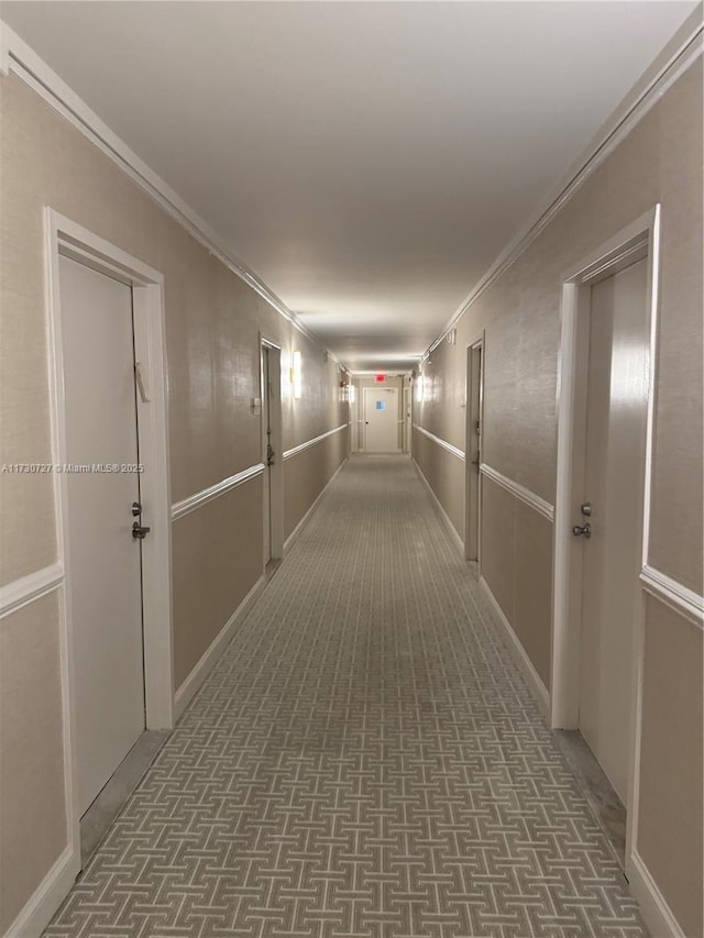 hall featuring ornamental molding and carpet floors