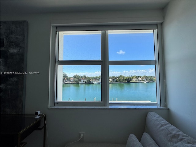 interior space featuring a water view