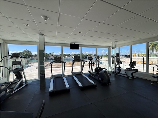 gym featuring a healthy amount of sunlight, a drop ceiling, and a wall of windows