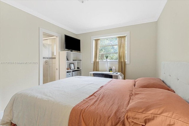 bedroom with radiator and crown molding