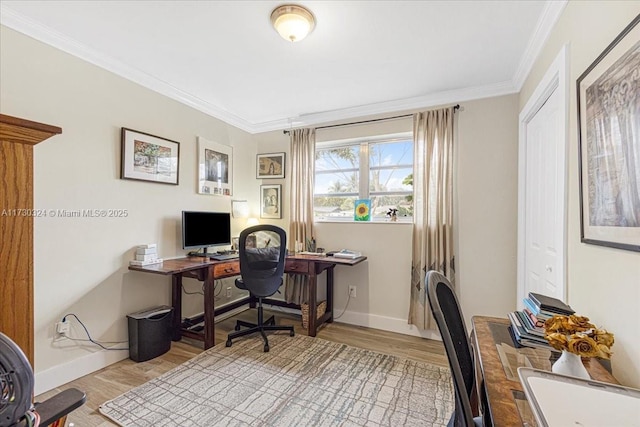 home office with light wood-type flooring and crown molding