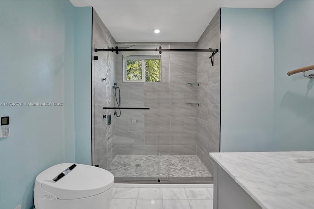 bathroom featuring toilet, vanity, and walk in shower