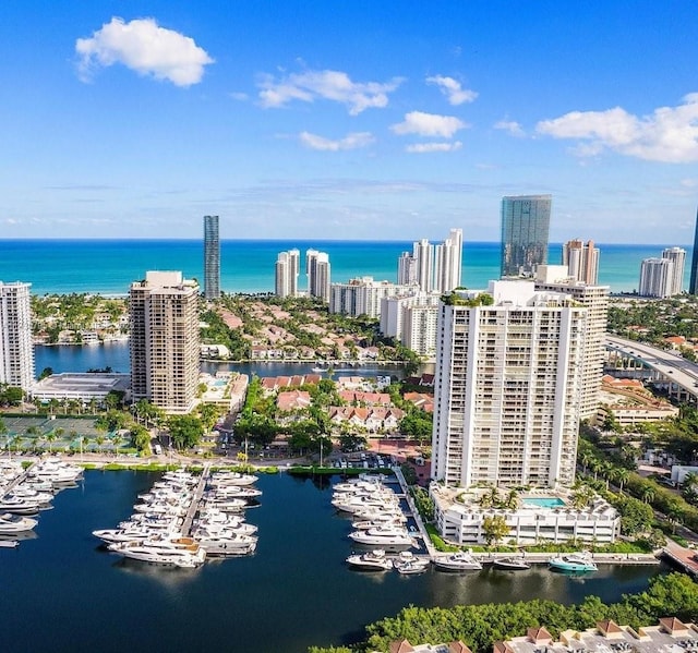 birds eye view of property featuring a water view