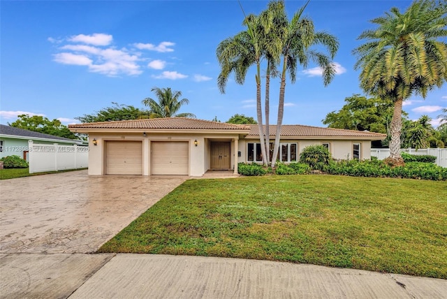 single story home with a garage, stucco siding, and driveway