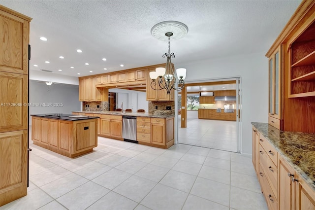 kitchen with light tile patterned floors, hanging light fixtures, a chandelier, backsplash, and stainless steel dishwasher