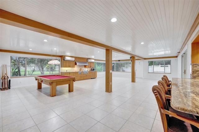 playroom with light tile patterned floors, baseboards, billiards, and recessed lighting