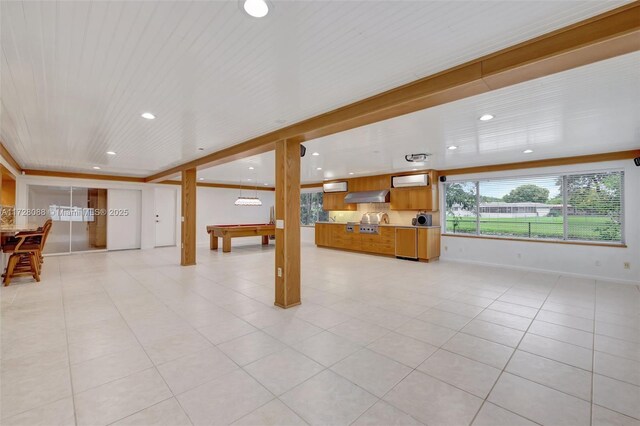unfurnished living room with recessed lighting, baseboards, billiards, and light tile patterned flooring