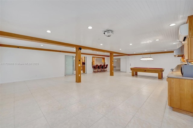 interior space with a wall mounted AC, baseboards, billiards, and recessed lighting