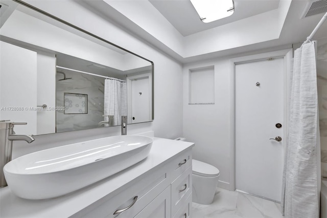 full bathroom featuring visible vents, curtained shower, toilet, vanity, and marble finish floor