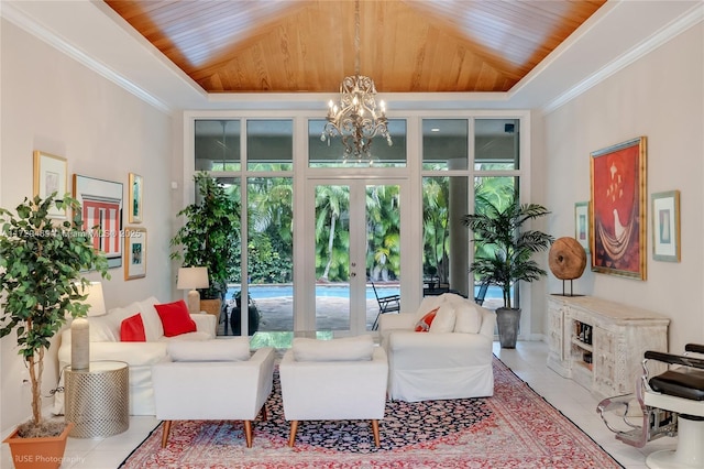 sunroom featuring a notable chandelier, french doors, wooden ceiling, and a tray ceiling