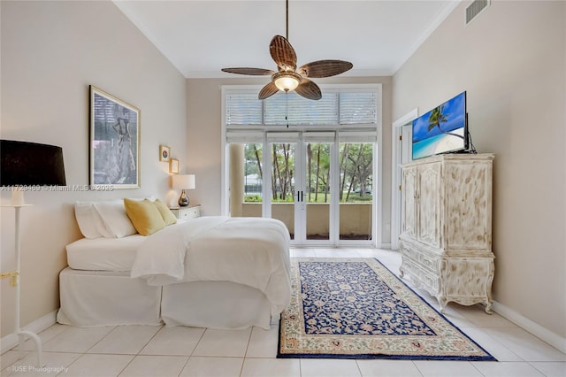 tiled bedroom featuring ceiling fan, crown molding, and access to outside