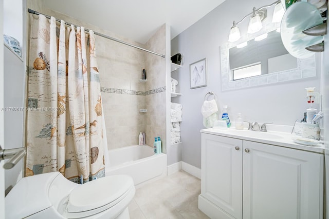 full bathroom with vanity, toilet, shower / tub combo with curtain, and tile patterned flooring