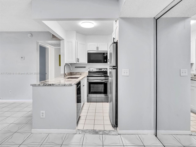 kitchen featuring light stone countertops, white cabinetry, stainless steel appliances, sink, and kitchen peninsula