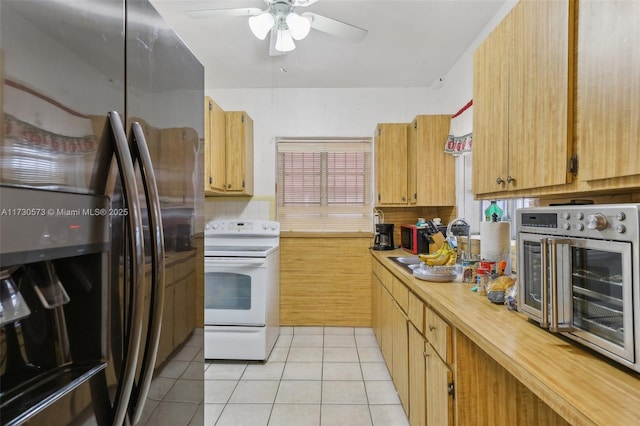 kitchen with light tile patterned floors, white electric range, ceiling fan, backsplash, and stainless steel refrigerator with ice dispenser