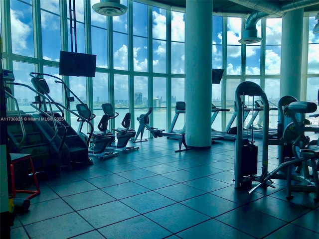 workout area featuring a high ceiling and a wall of windows