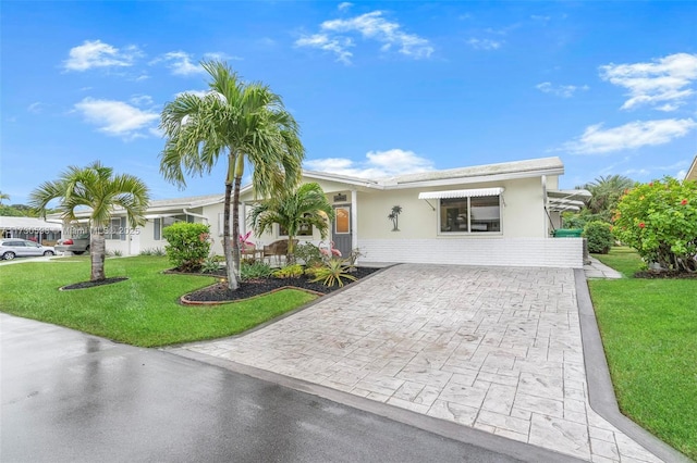 ranch-style home featuring a front lawn