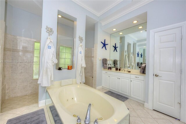 bathroom featuring crown molding, shower with separate bathtub, tile patterned floors, and vanity