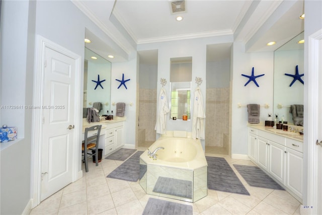 bathroom with vanity, shower with separate bathtub, tile patterned floors, and ornamental molding