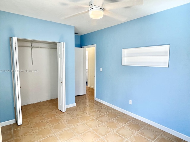 unfurnished bedroom featuring a closet and ceiling fan