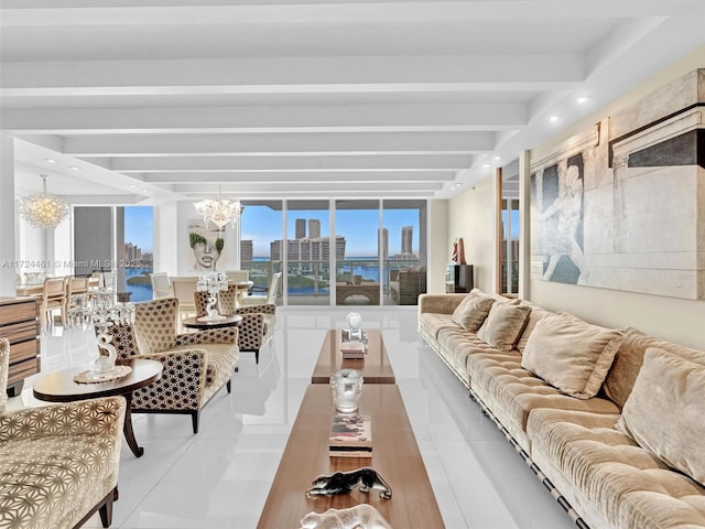 living room featuring light tile patterned floors, beamed ceiling, and a notable chandelier