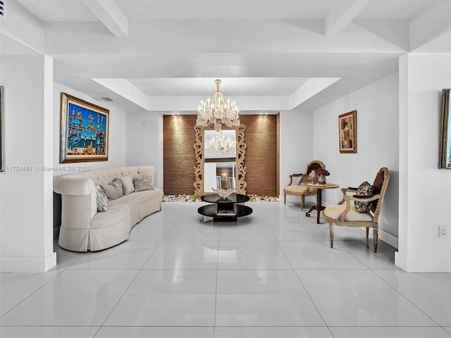 3201 NE 183rd St Unit 1207, Aventura, FL 33160 - tiled living room with a chandelier and a tray ceiling
