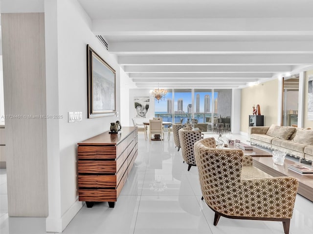 living room featuring a wall of windows, beam ceiling, light tile patterned floors, and a notable chandelier