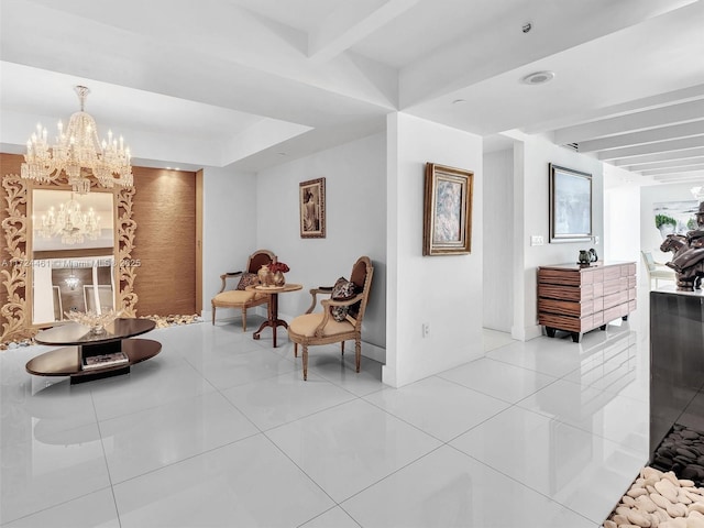 3201 NE 183rd St Unit 1207, Aventura, FL 33160 - sitting room featuring a chandelier, light tile patterned flooring, and beamed ceiling