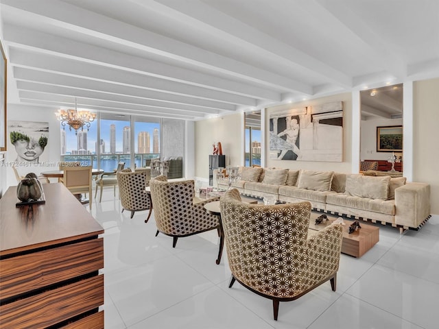 living room featuring an inviting chandelier, expansive windows, beam ceiling, and light tile patterned flooring