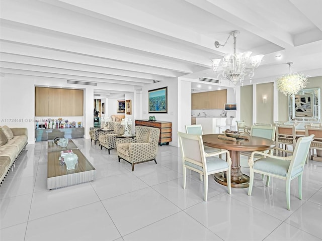 dining area with a chandelier, beam ceiling, and light tile patterned flooring