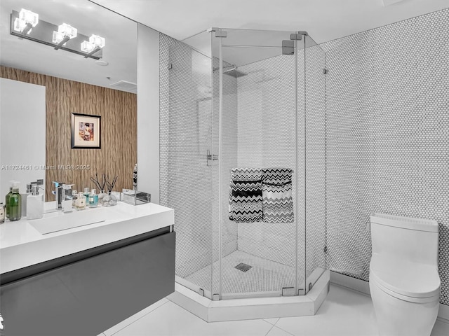 3201 NE 183rd St Unit 1207, Aventura, FL 33160 - bathroom with vanity, a shower stall, wooden walls, tile patterned floors, and a chandelier