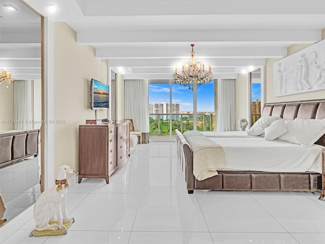 tiled bedroom with a chandelier, beam ceiling, and access to outside