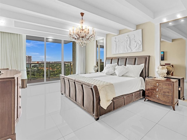 tiled bedroom with a notable chandelier