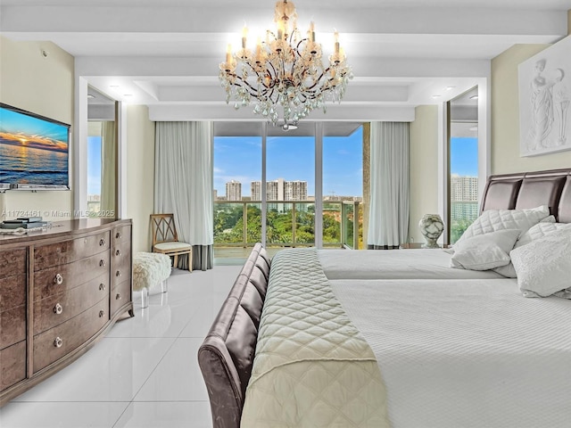 bedroom with an inviting chandelier, a wall of windows, and light tile patterned floors