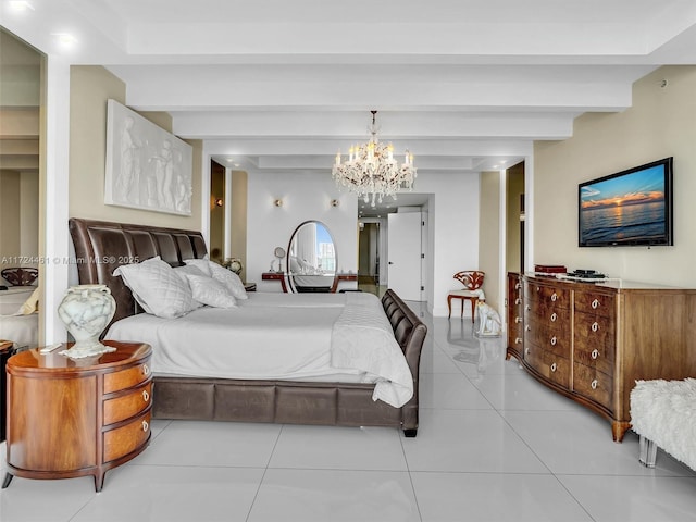 tiled bedroom featuring beam ceiling and an inviting chandelier