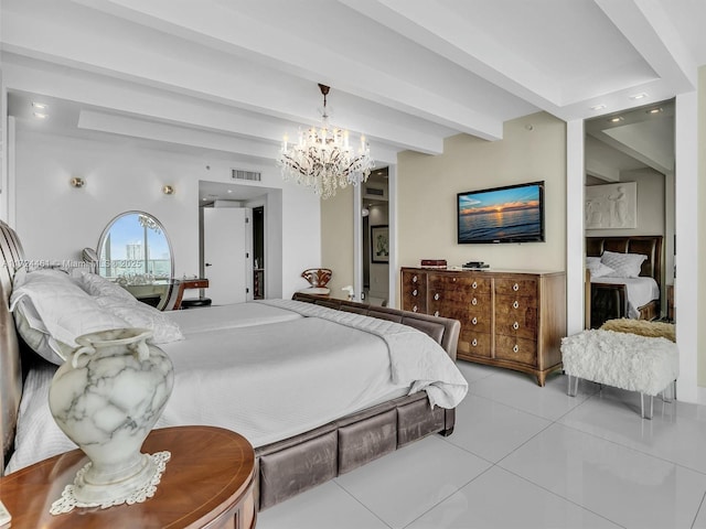 tiled bedroom with an inviting chandelier and beam ceiling