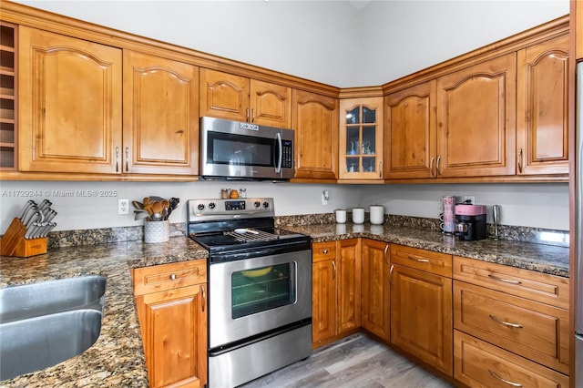 kitchen with sink, light hardwood / wood-style flooring, dark stone counters, and stainless steel appliances