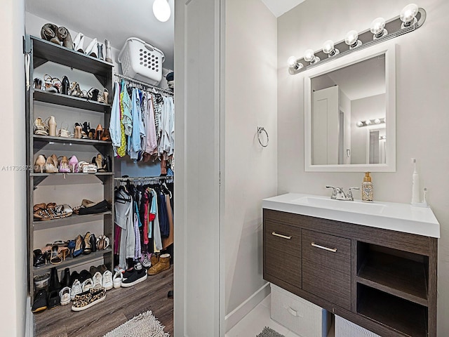 bathroom featuring hardwood / wood-style flooring and vanity