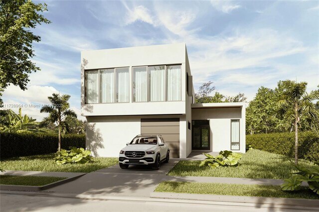 2285 SW 17th Ter, Miami, FL 33145 - contemporary house with stucco siding, a balcony, and driveway