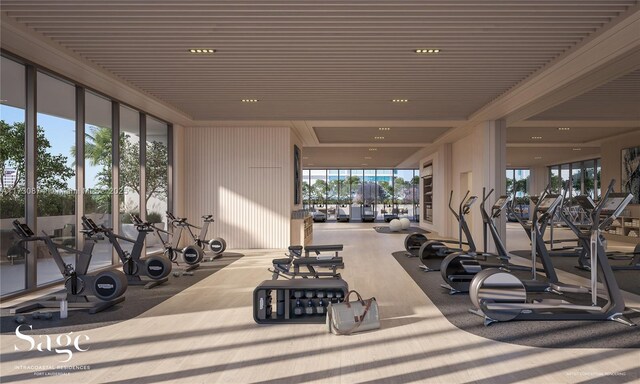 workout room featuring wood walls, light wood-type flooring, and a raised ceiling