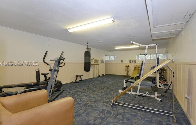 exercise room with dark colored carpet