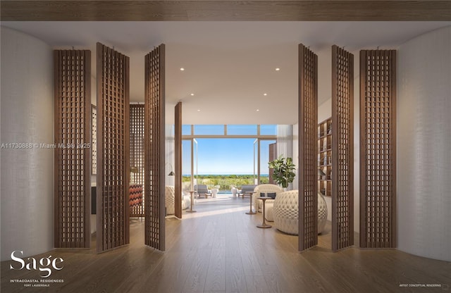 hallway with hardwood / wood-style flooring and expansive windows