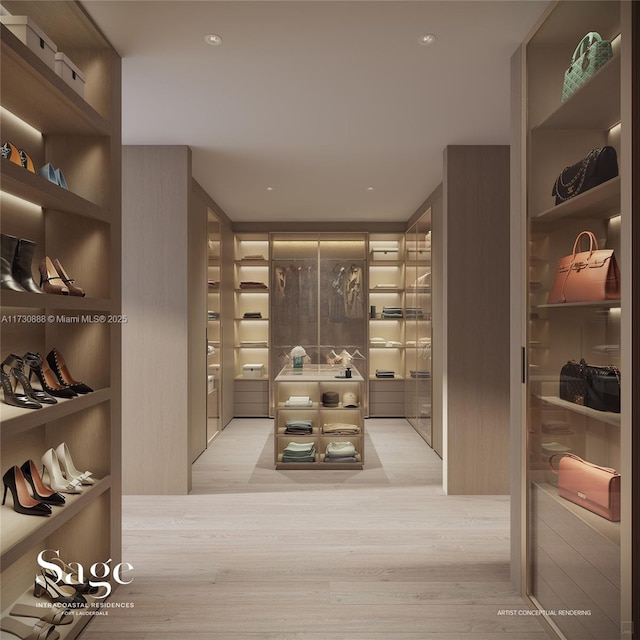 wine cellar featuring built in shelves and light hardwood / wood-style flooring