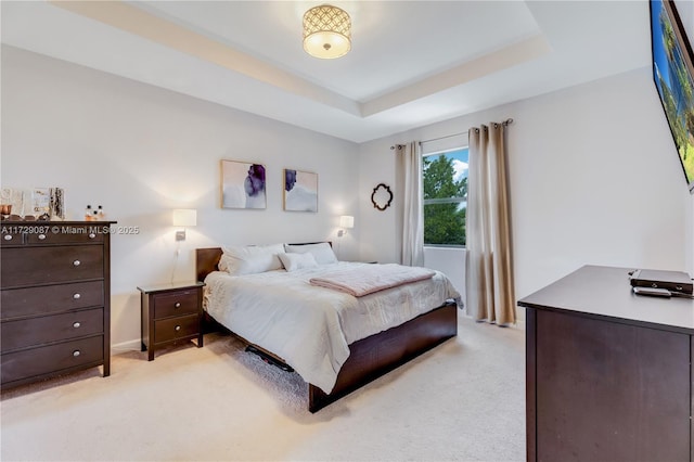 bedroom featuring light colored carpet and a tray ceiling