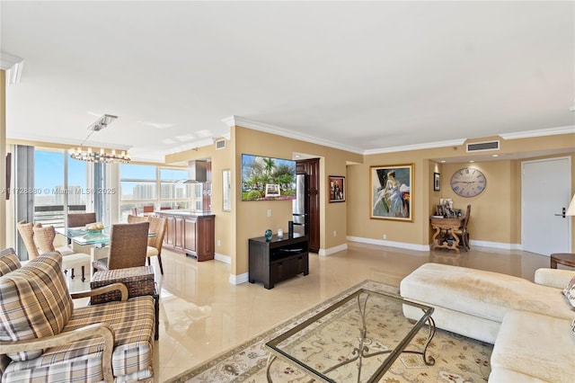 living room featuring a notable chandelier and ornamental molding