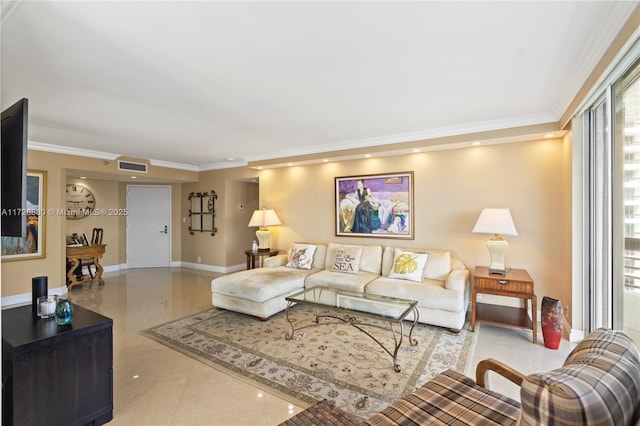 tiled living room with ornamental molding